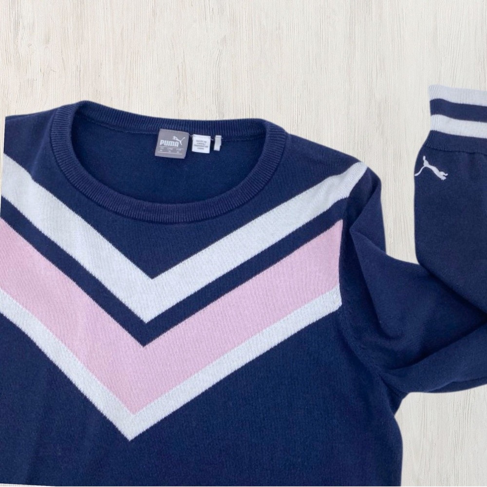 Puma Women XL Navy Blue Pink Chevron Striped Crewneck Sweater Preppy Sport Knit